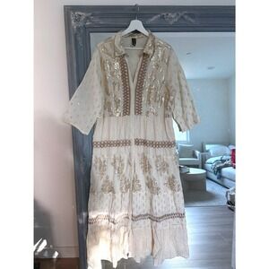 Me 2 Magic Gold Foil Floral Crochet Embroidered Tiered Cotton Maxi Dress Boho 2X